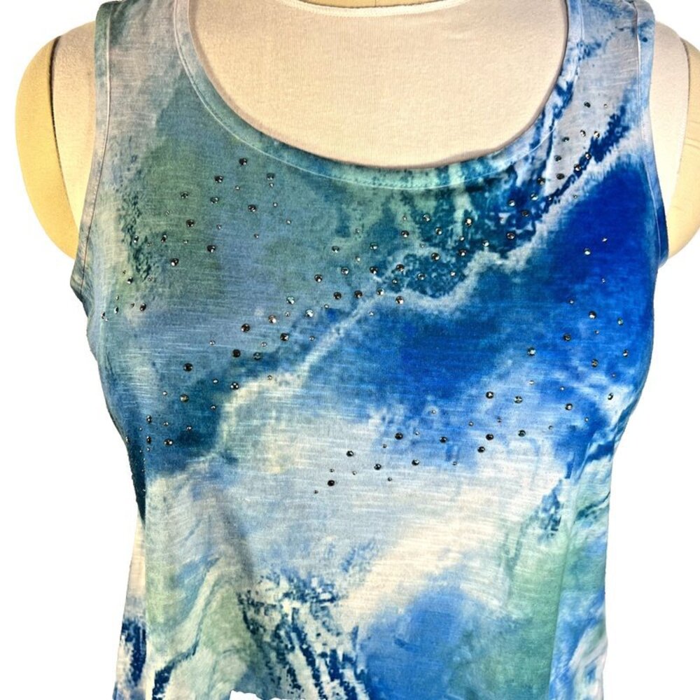 Style & Co Tank Top Women's 2X Blue Green White Sleeveless Beaded Asymmetric Hem - Picture 2 of 11